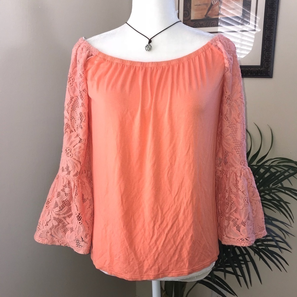 VaVa Off Shoulder Peach Lace Sleeves Peasant Top S*